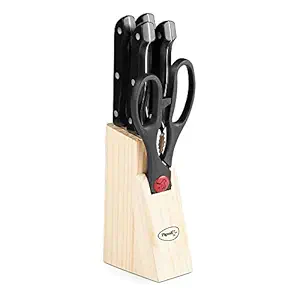 3+ Pigeon by Stovekraft Angular Holder Shears Kitchen Knifes 6 Piece Set with Wooden Block (Stainless Steel)